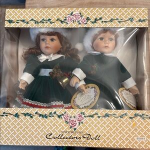 Green Holiday Porcelain Collector's Dolls with White Accents